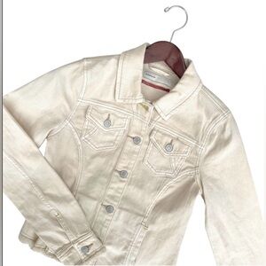 Anthropologie Pilcro Distressed Cream Ivory Denim Jacket Frayed Hem Size S